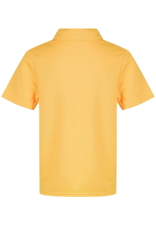 A yellow polo shirt with a collar, featuring a plain back and short sleeves. Includes a logo.