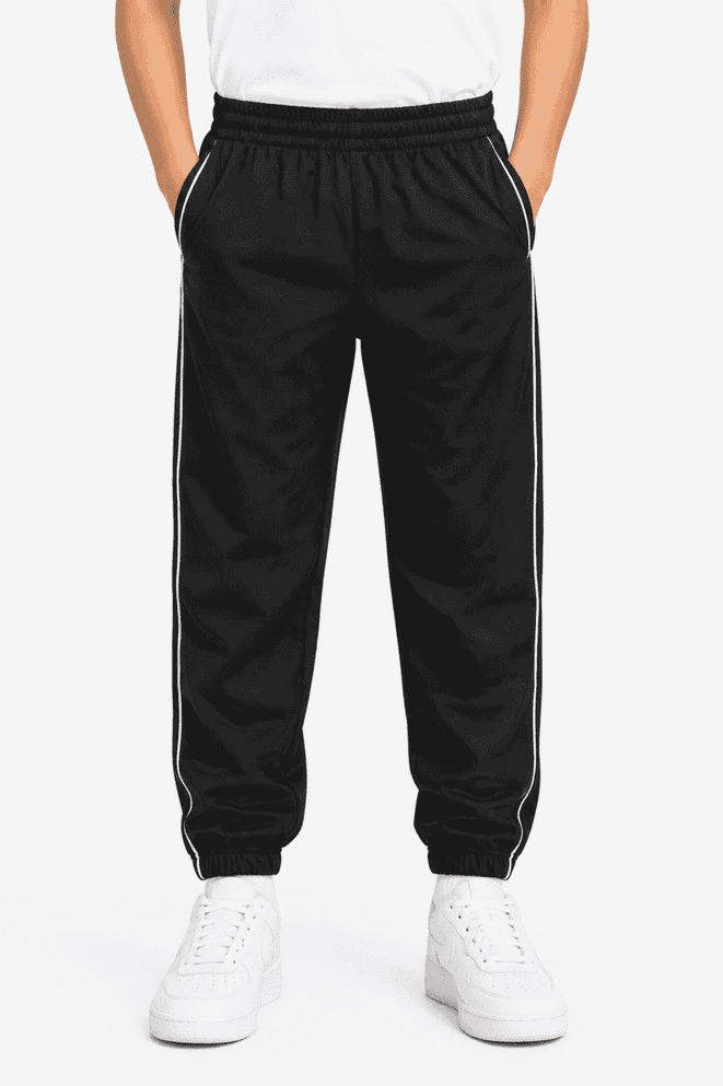 Black kids' pants with an elastic waistband, featuring side pockets and white stripe detailing on the sides.