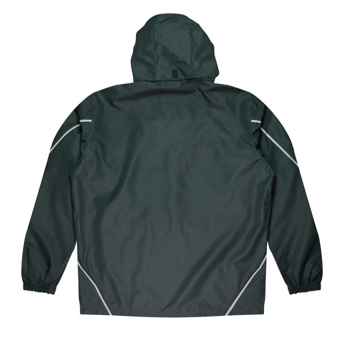 A dark green jacket with a hood, featuring elastic cuffs and reflective detailing. It has a logo.