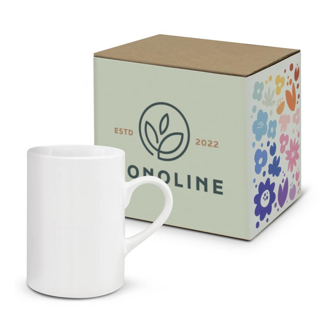 A white coffee mug presented with a floral-patterned box and a simple logo on the packaging.