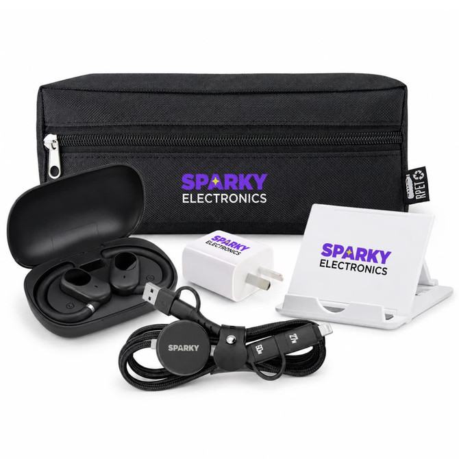 A black tech pack containing wireless earbuds, a charging cable, a power adapter, and a phone stand. It has a logo.