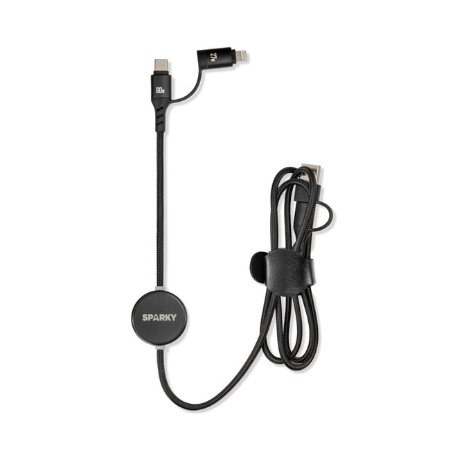 A black charging cable featuring a round connector with a logo, designed for various devices.