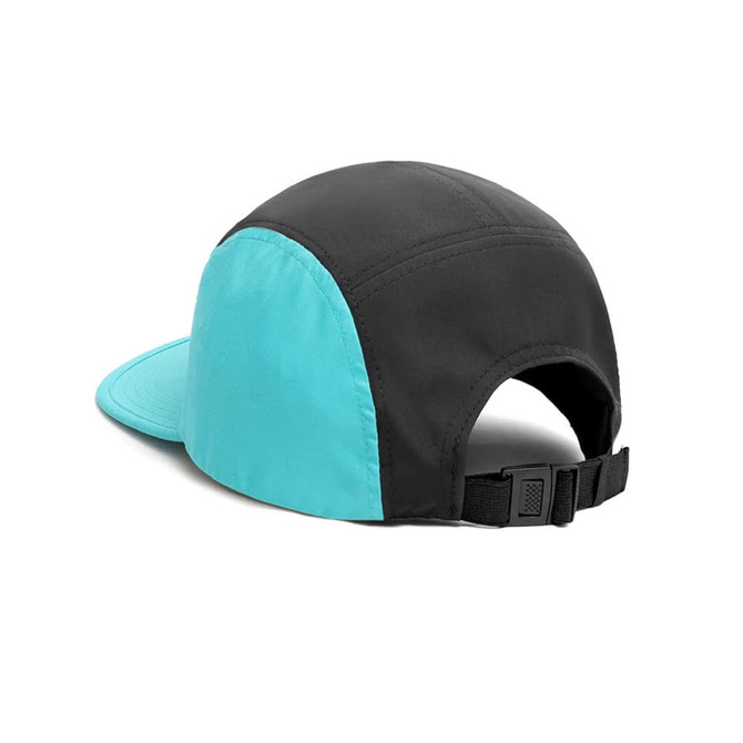 A 6-panel cap featuring a black and turquoise design with an adjustable strap at the back.