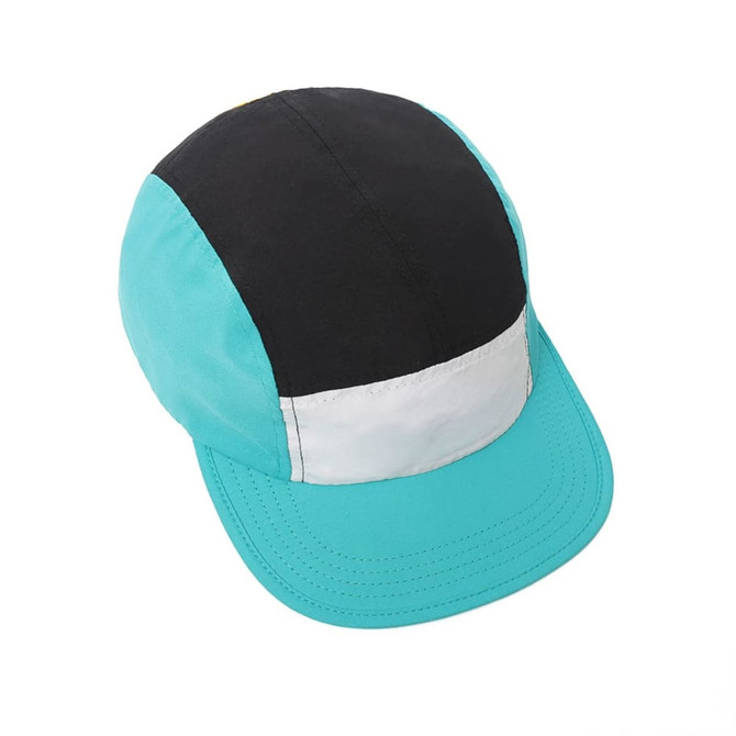 A 6-panel cap featuring a black, turquoise, and white design, with a logo on the front.