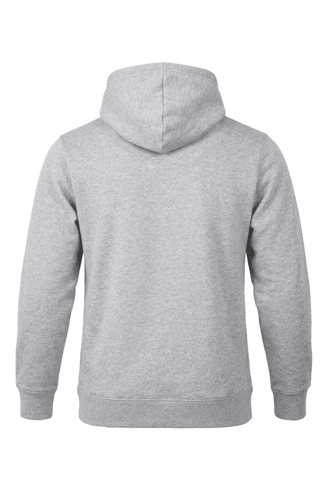 A grey men's hoodie with a hood, featuring a simple design and no visible front details.