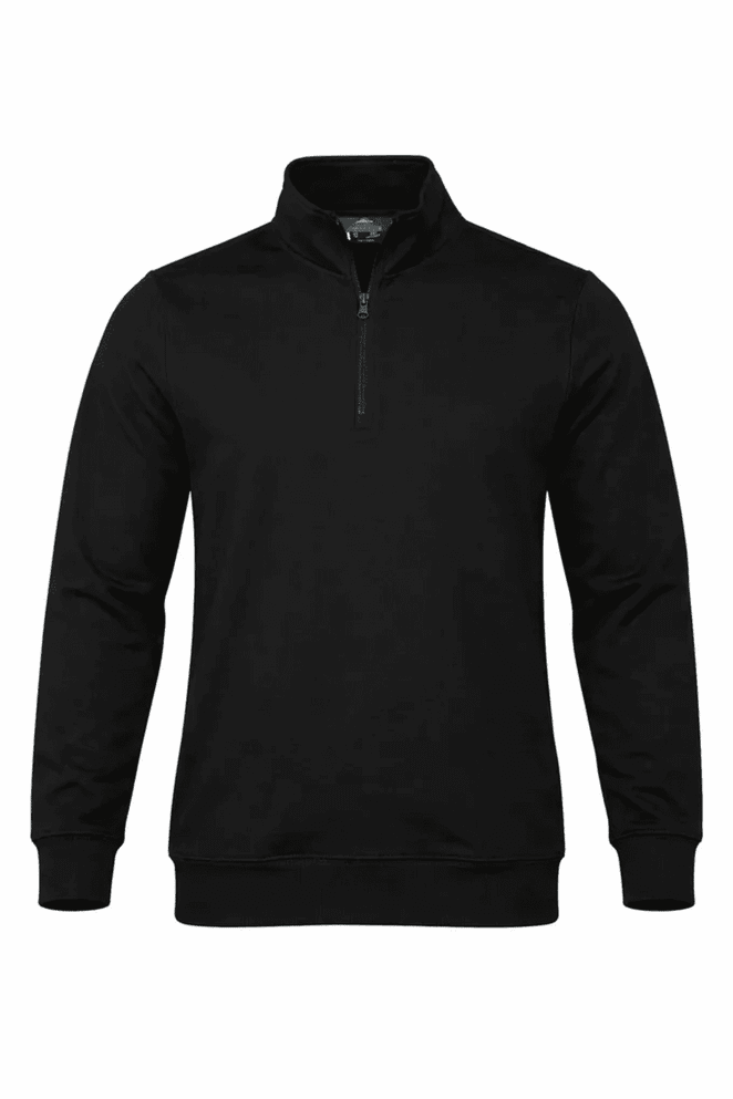 A black 1/4 zip sweater featuring long sleeves and a stand-up collar, with a small logo on the chest.