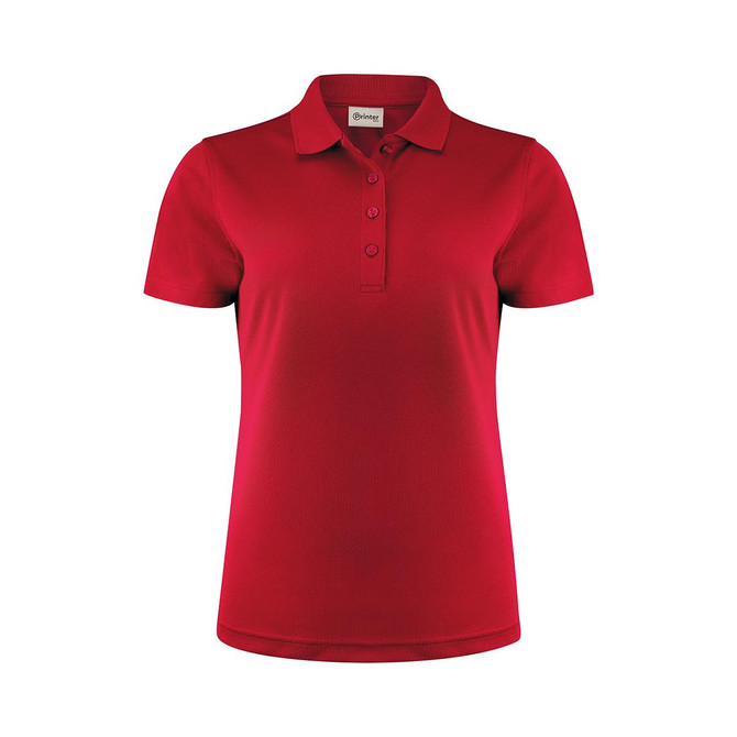 A red women's polo shirt featuring a collar and three buttons, with a logo at the neck.