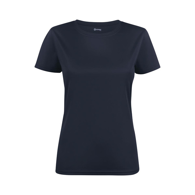 A navy blue women's t-shirt featuring a crew neck and short sleeves, with a logo on the neckline.