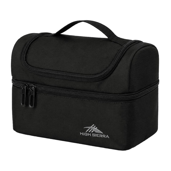 A black lunch bag with a zippered compartment and a carry handle, featuring a logo on the front.