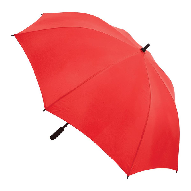 A red umbrella with a black handle and a branding logo on the canopy.