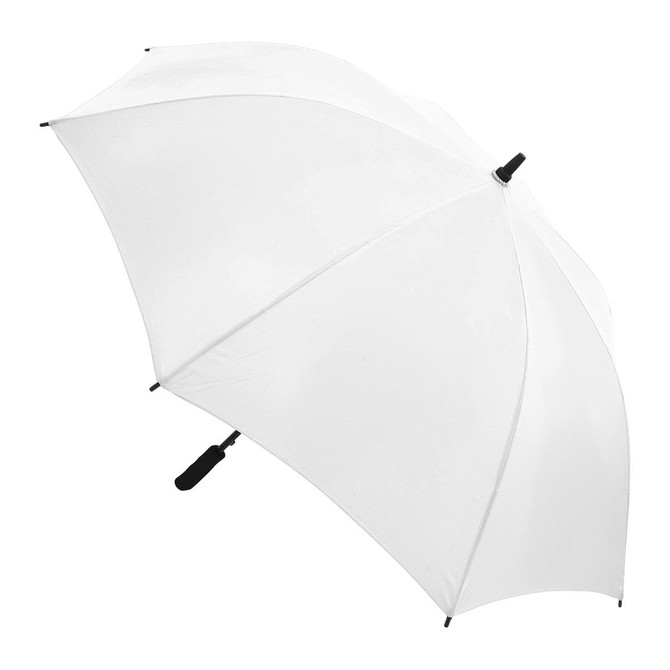A white umbrella with a black handle and fittings, featuring a simple design and no additional patterns.