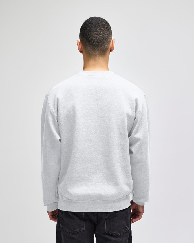 A grey adult crewneck sweatshirt featuring a logo, displayed from the back on a model.