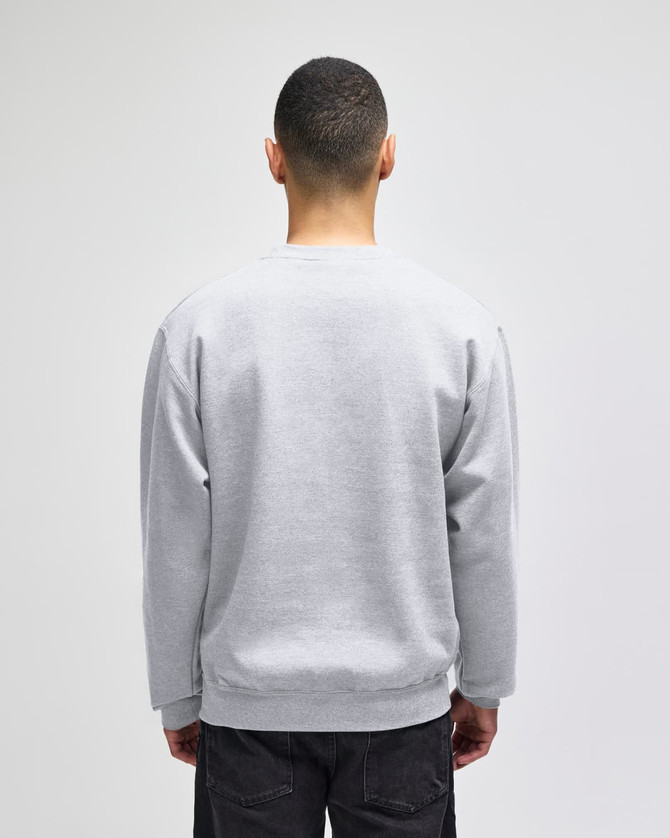 A grey adult crewneck sweatshirt, featuring a simple design and a logo on the back.