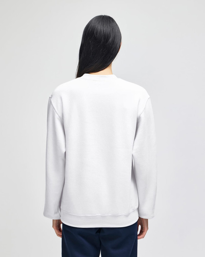 A white crewneck sweatshirt with long sleeves, featuring a logo on the back.
