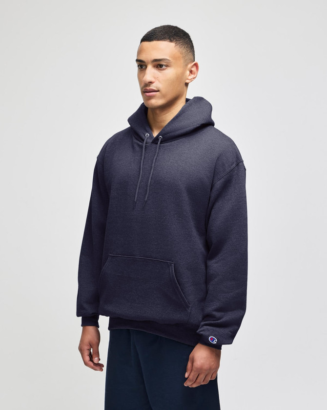A navy blue adult crewneck sweatshirt with a hood, featuring a front pocket and a logo on the sleeve.