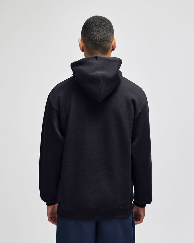 A black pullover hooded sweatshirt featuring a logo, viewed from the back.