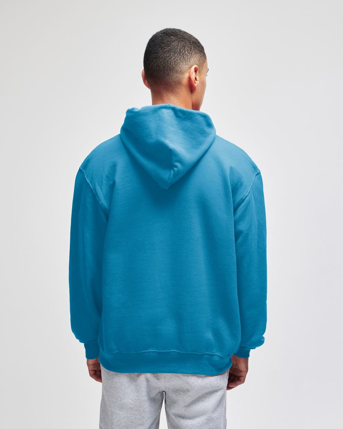 A blue pullover hooded sweatshirt viewed from the back, featuring a hood and a relaxed fit.