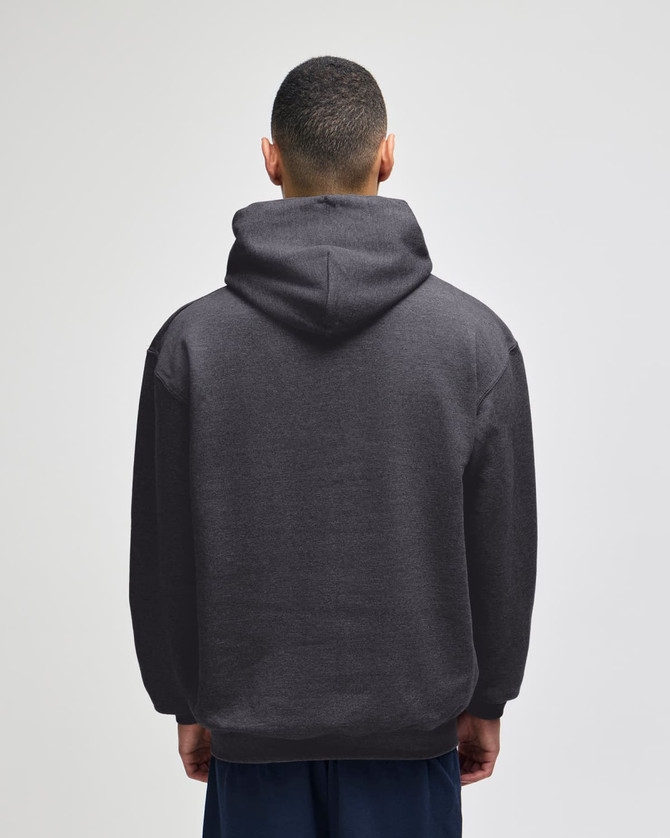 A dark grey pullover hooded sweatshirt featuring a spacious hood and a relaxed fit.