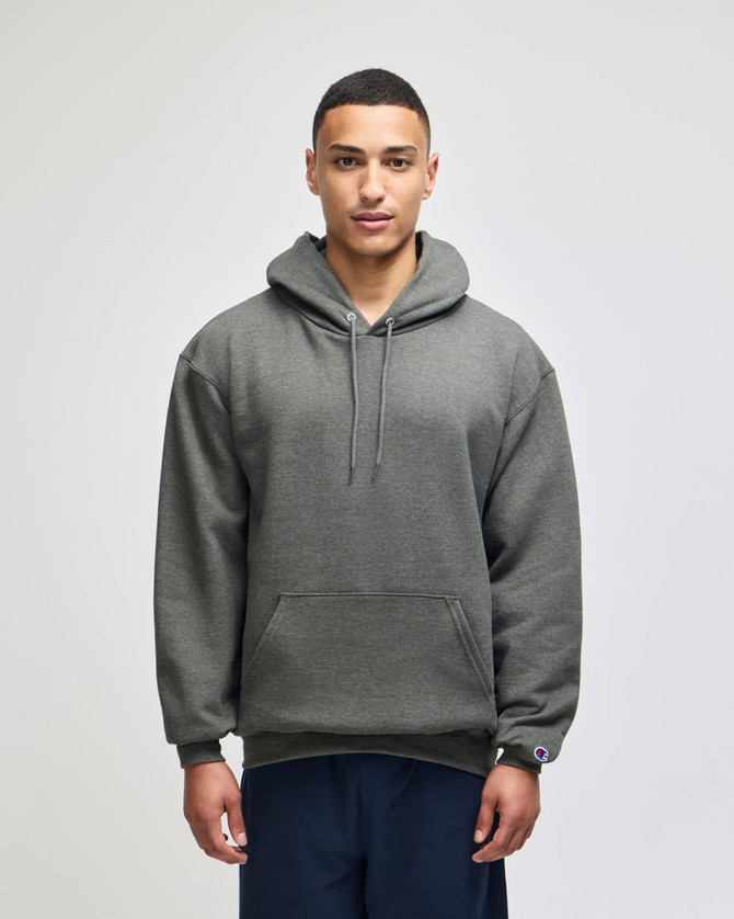 A hooded sweatshirt in a dark green colour, featuring a front pocket and a branded logo.