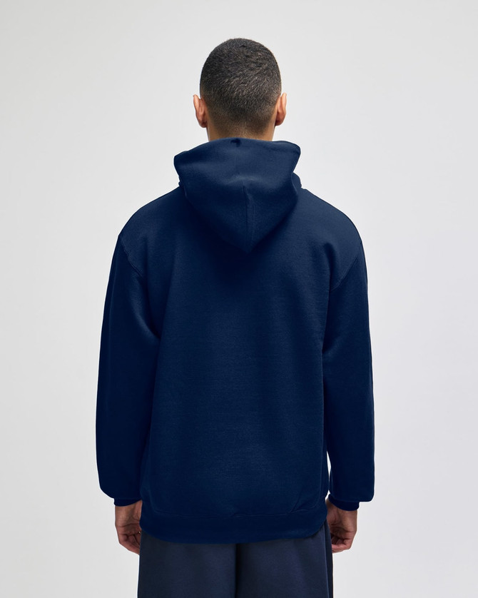 A back view of a navy pullover hooded sweatshirt. The sweatshirt has a hood and a relaxed fit.