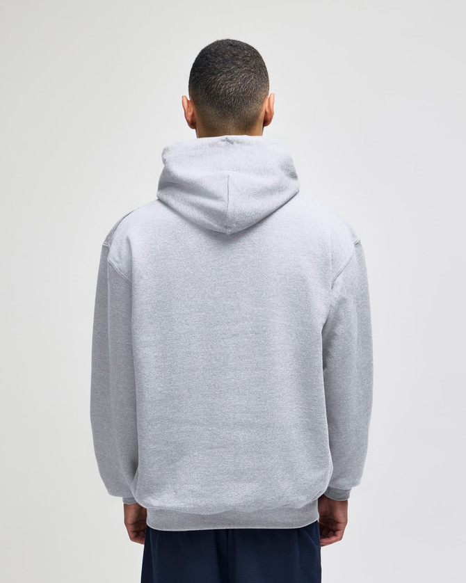 A grey pullover hooded sweatshirt viewed from the back, featuring a spacious hood and relaxed fit.
