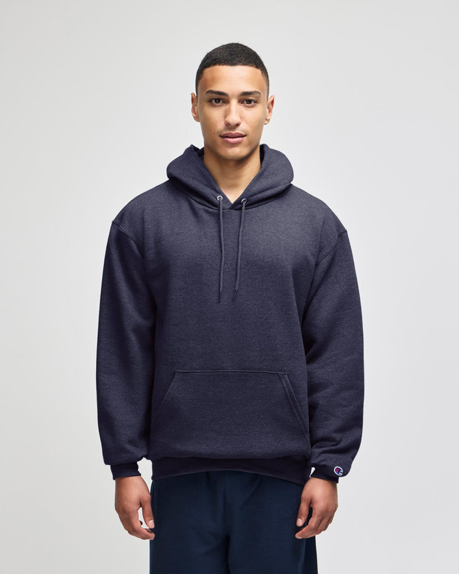 A navy blue pullover hooded sweatshirt with a front pocket and a logo on the sleeve.