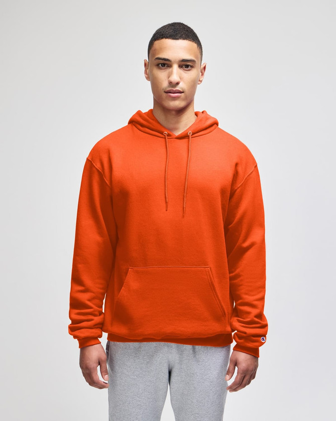 A bright orange pullover hooded sweatshirt with a front pocket and an attached hood. It features a logo.