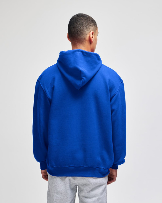 A blue pullover hooded sweatshirt viewed from the back, featuring a hood and a relaxed fit.