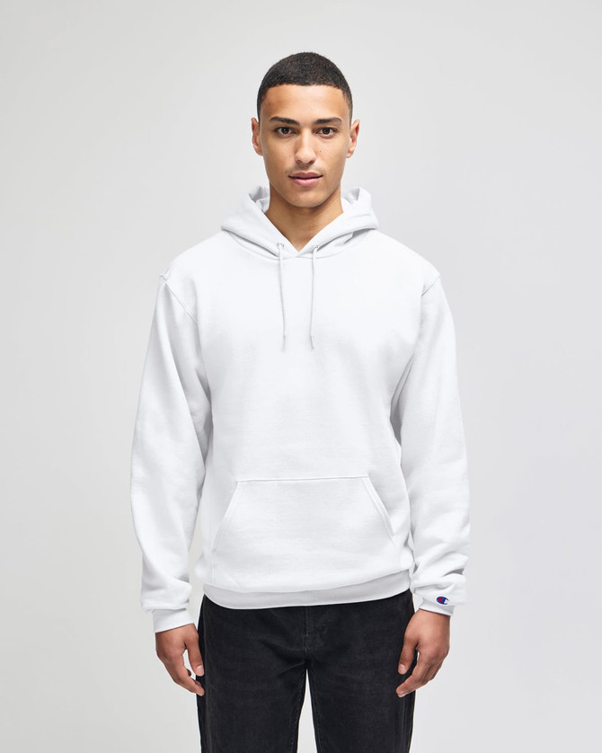 A white pullover hooded sweatshirt features a front pocket and a logo on the sleeve. Suitable for casual wear.