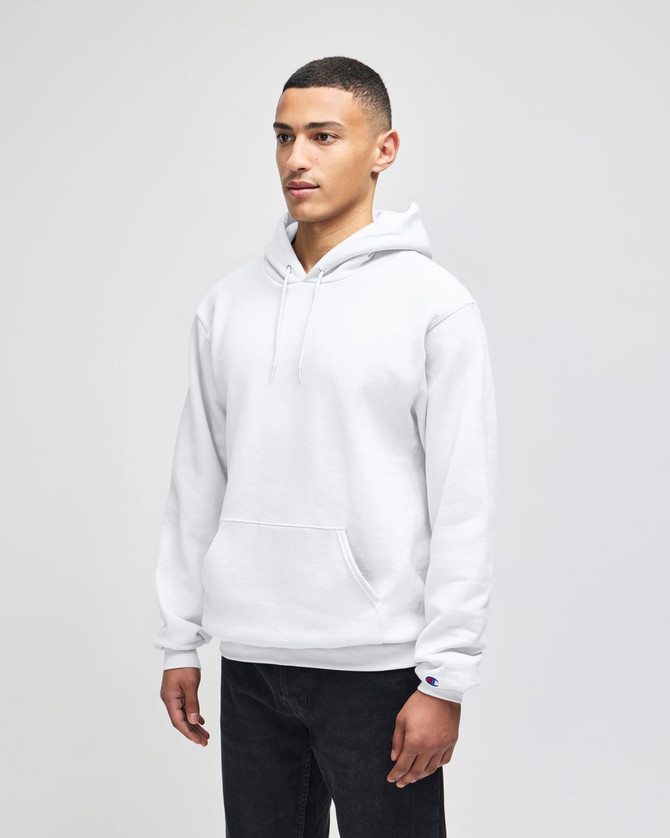 A white pullover hooded sweatshirt with a front pocket and a logo, worn by a model standing.