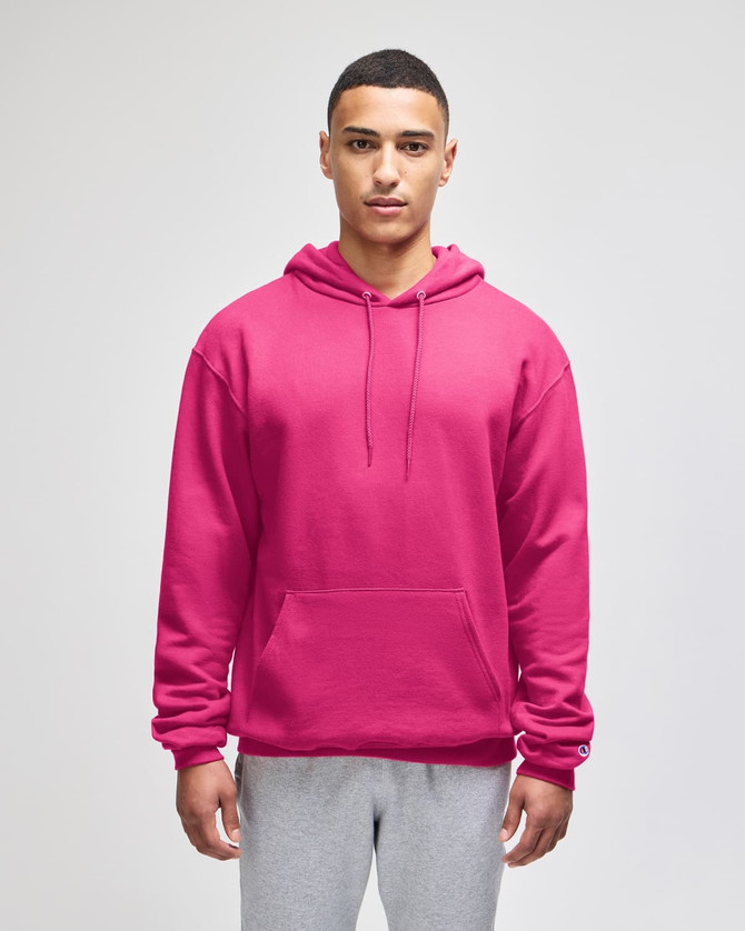 A vibrant pink pullover hooded sweatshirt with a front pocket and a logo on the sleeve.