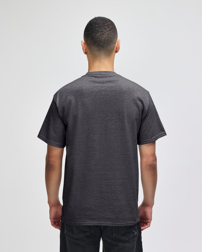 A grey pullover hooded sweatshirt, featuring a back view of a model. The design includes a logo.