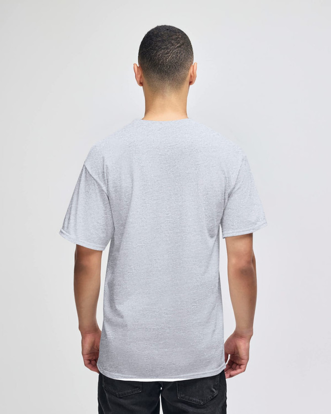 A grey Champion adult short-sleeve t-shirt displayed from the back, featuring a logo.