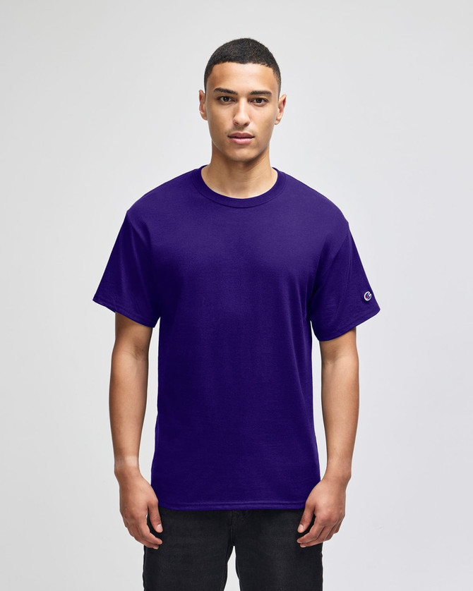 A purple Champion adult short-sleeve T-shirt featuring a logo on the sleeve.