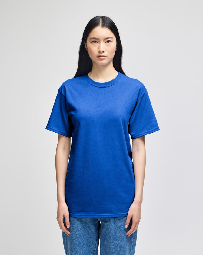 A blue short-sleeve t-shirt displayed on a model, featuring a relaxed fit and plain design.