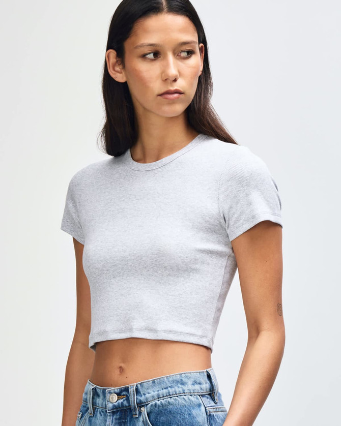 A grey cropped fitted t-shirt with short sleeves and a round neckline, displayed on a model.