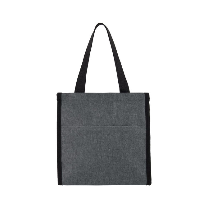 A cooler bag in dark grey with black accents, featuring a front pocket and adjustable straps.