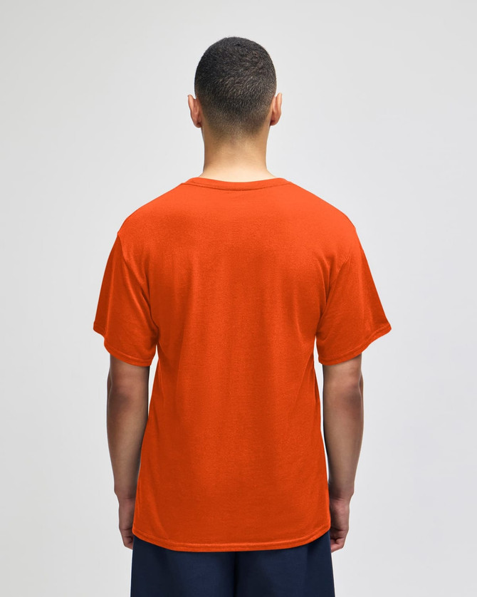 An orange Champion Adult Jersey Short Sleeve T-Shirt viewed from the back, featuring short sleeves.