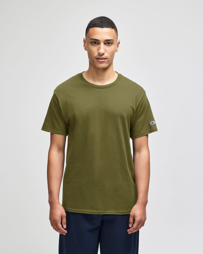 An olive green short sleeve t-shirt with a logo on the sleeve, displayed on a male model.