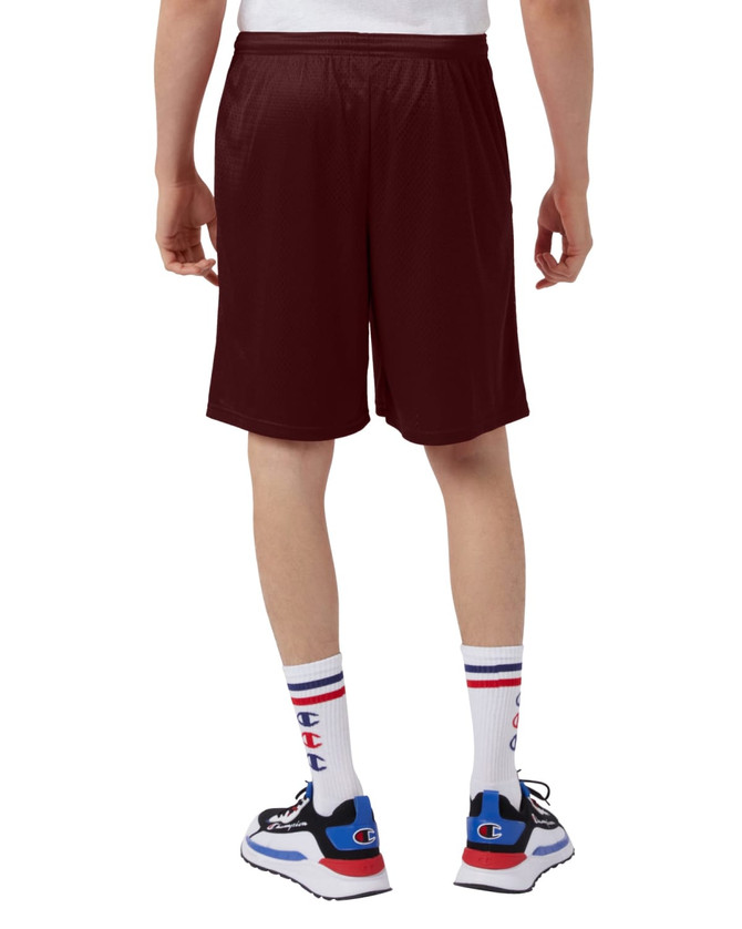 Maroon sports shorts with pockets, designed for adults, featuring a logo on the side, viewed from the back.