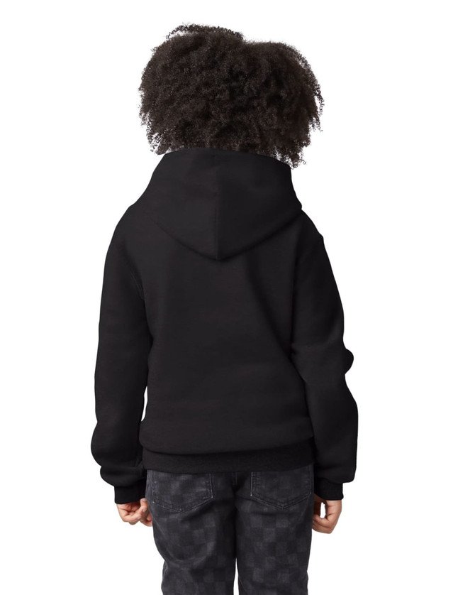 A black youth pullover hooded sweatshirt with a hood, shown from the back. Features a simple design.