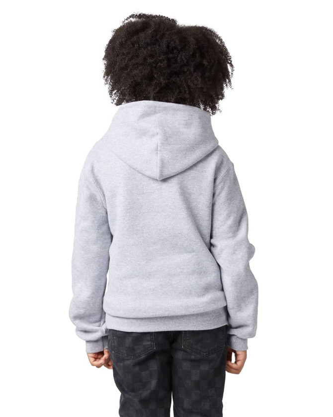 A grey youth pullover hooded sweatshirt with a hood, viewed from the back, featuring a logo.
