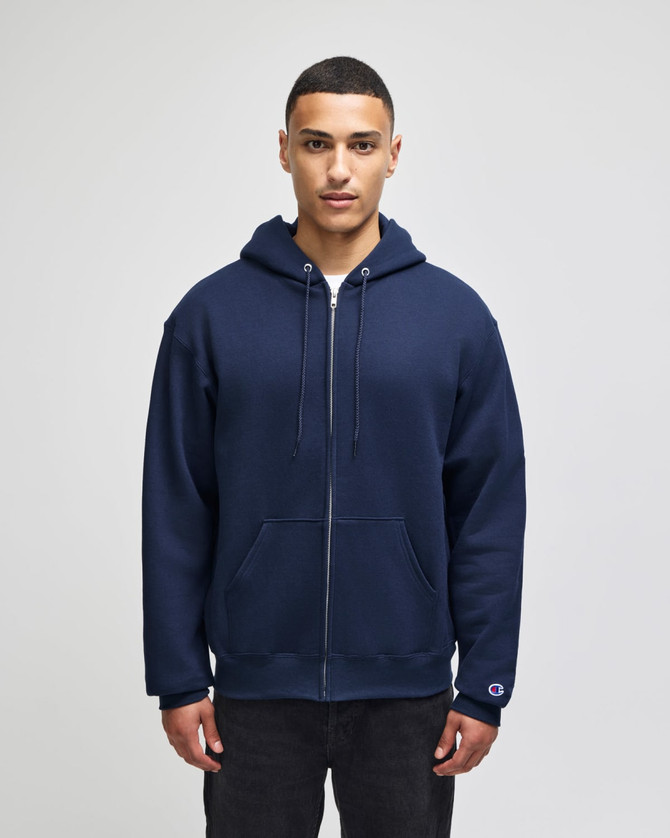 A navy blue full-zip hooded sweatshirt with a front zipper and a logo on one sleeve.