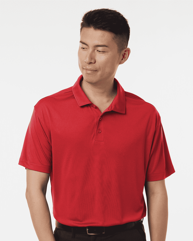 A red men's polo shirt featuring a collar, short sleeves, and a logo on the chest.