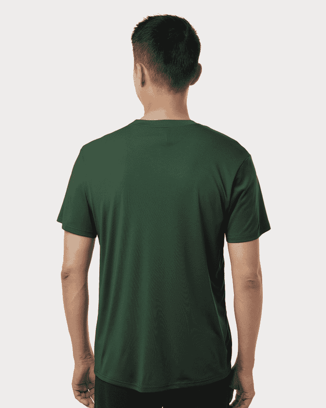 A green men's performance t-shirt featuring a plain design and a logo on the back.