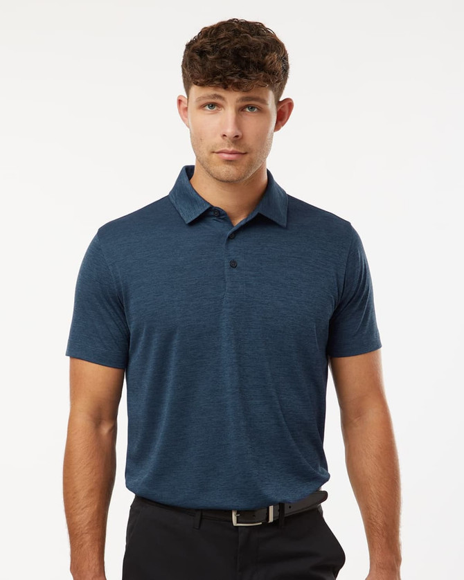 A men's polyester heather melange polo in dark blue, featuring a classic collar and short sleeves. It has a logo on the chest.
