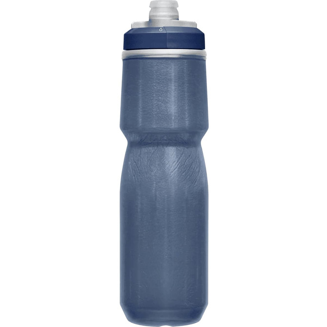 A drink bottle in a dark blue shade with a sleek design and a logo on the side.