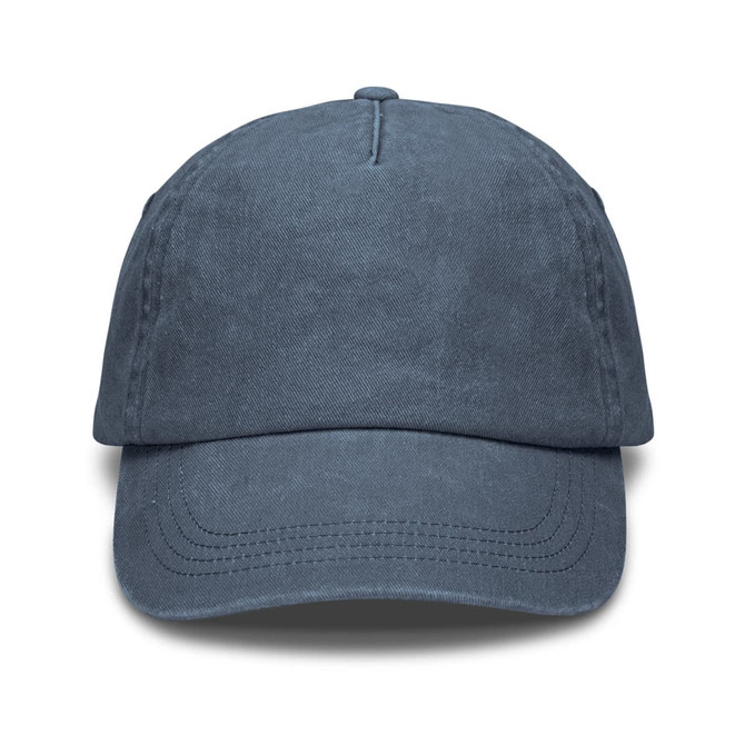 A vintage washed cap in a deep navy blue, featuring a curved brim and a stitched detail. It has a logo on the front.