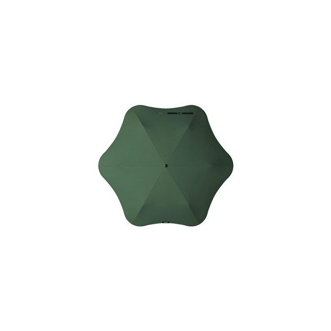 A green BLUNT Neo Umbrella with an octagonal design and a central opening, featuring a logo.