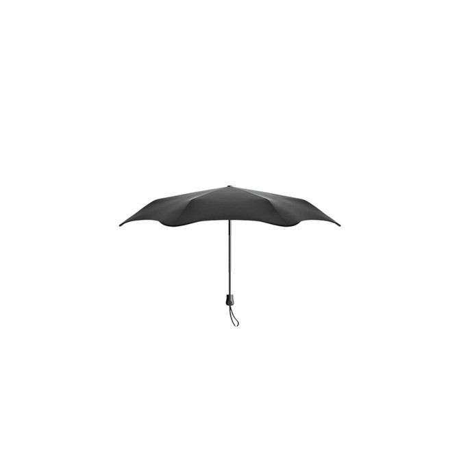 A black umbrella with a sleek design and a branded handle, featuring a curved canopy.